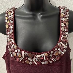 NEW Carmen Marc Valvo | Metallic Beaded Jewels BANDAGE Dress | Burgundy | Neiman